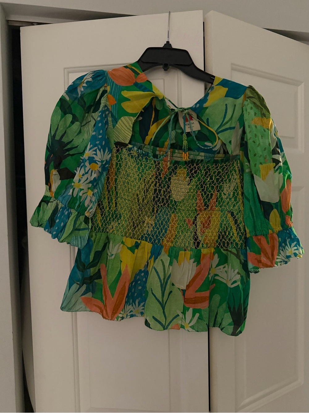 Farm Bright Green Floral Puff-Sleeve Smocked Top large